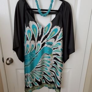 NEW Tricia Fix Turqouise Peacock Black Satin Cocktail Mini Dress Women's Size L